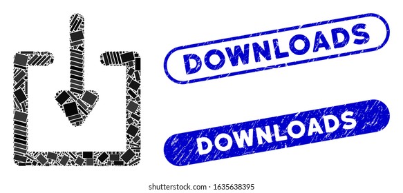 Mosaic download and distressed stamp seals with Downloads caption. Mosaic vector download is formed with scattered rectangle items. Downloads stamp seals use blue color,