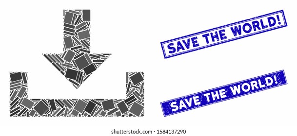 Mosaic download icon and rectangle Save the World! seal stamps. Flat vector download mosaic pictogram of randomized rotated rectangle elements. Blue Save the World! seal stamps with corroded surface.