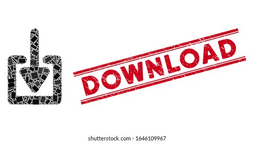 Mosaic download icon and red Download seal stamp between double parallel lines. Flat vector download mosaic icon of scattered rotated rectangular items.