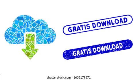 Mosaic download and rubber stamp watermarks with Gratis Download text. Mosaic vector download is designed with randomized rectangle items. Gratis Download stamp seals use blue color,