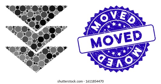 Mosaic downloads direction icon and corroded stamp seal with Moved caption. Mosaic vector is designed with downloads direction pictogram and with random round items. Moved stamp seal uses blue color,