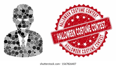 Mosaic Dracula And Rubber Stamp Seal With Halloween Costume Contest Caption. Mosaic Vector Is Created With Dracula Icon And With Randomized Spheric Items.