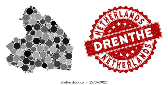 Mosaic Drenthe Province map and circle watermark. Flat vector Drenthe Province map mosaic of random circle elements. Red watermark with rubber surface. Designed for political and patriotic propaganda.