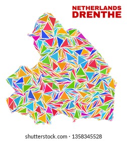 Mosaic Drenthe Province map of triangles in bright colors isolated on a white background. Triangular collage in shape of Drenthe Province map. Abstract design for patriotic purposes.