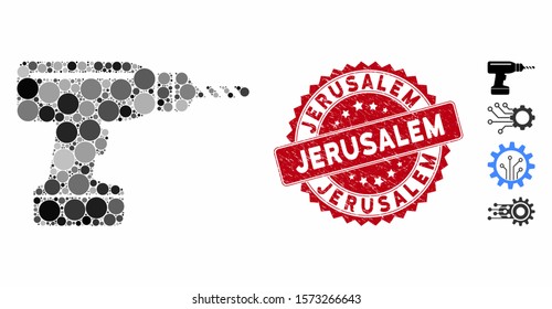 Mosaic drill icon and corroded stamp watermark with Jerusalem text. Mosaic vector is composed with drill icon and with random spheric elements. Jerusalem stamp uses red color, and grunged design.