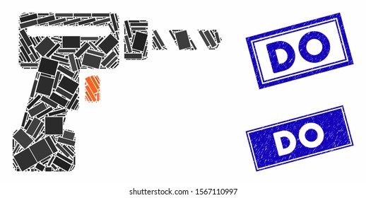 Mosaic drill pictogram and rectangular stamps. Flat vector drill mosaic pictogram of random rotated rectangular elements. Blue caption rubber stamps with scratched textures.