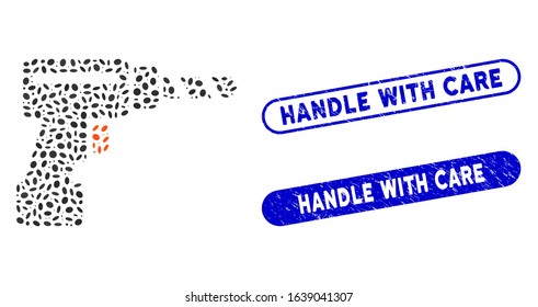 Mosaic drill and rubber stamp seals with Handle with Care phrase. Mosaic vector drill is composed with randomized ellipse elements. Handle with Care stamp seals use blue color,