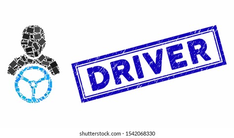 Mosaic driver and distressed stamp seal with Driver caption. Mosaic vector driver is formed with scattered rectangle items. Driver stamp seal uses blue color.