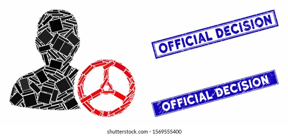 Mosaic driver person icon and rectangle seals. Flat vector driver person mosaic icon of scattered rotated rectangle items. Blue caption stamp imprints with distress texture.