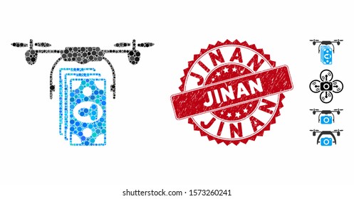 Mosaic drone banknotes payment icon and grunge stamp seal with 3text. Mosaic vector is created with drone banknotes payment icon and with random circle items. Jinan seal uses red color,