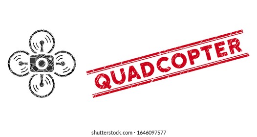 Mosaic drone camera pictogram and red Quadcopter seal stamp between double parallel lines. Flat vector drone camera mosaic icon of scattered rotated rectangle items.