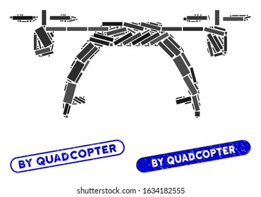 Mosaic drone carrier and distressed stamp watermarks with By Quadcopter text. Mosaic vector drone carrier is designed with scattered rectangle items. By Quadcopter stamp seals use blue color,
