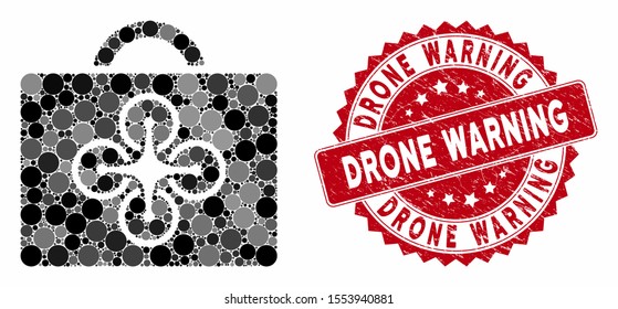 Mosaic drone case and corroded stamp seal with Drone Warning text. Mosaic vector is composed with drone case icon and with random spheric spots. Drone Warning stamp uses red color, and grunge surface.
