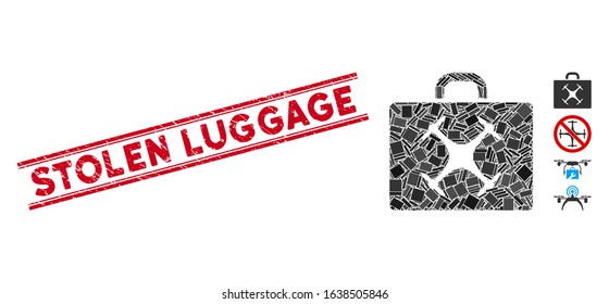 Mosaic drone case pictogram and red Stolen Luggage seal stamp between double parallel lines. Flat vector drone case mosaic pictogram of random rotated rectangle elements.