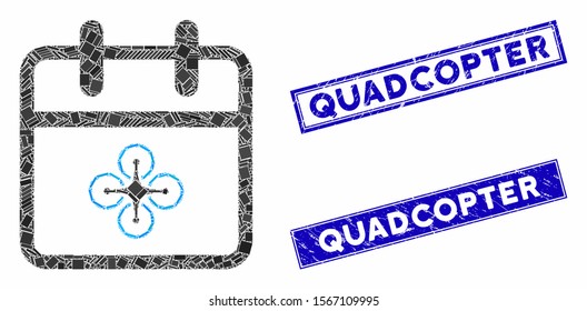 Mosaic drone day pictogram and rectangle seal stamps. Flat vector drone day mosaic pictogram of scattered rotated rectangular items. Blue caption seal stamps with grunge surface.