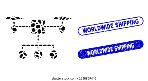 Mosaic drone distribution and corroded stamp seals with Worldwide Shipping caption. Mosaic vector drone distribution is composed with scattered oval spots.