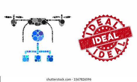 Mosaic drone distribution and rubber stamp seal with Ideal phrase. Mosaic vector is composed with drone distribution icon and with randomized spheric spots. Ideal stamp seal uses red color,