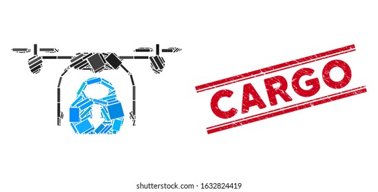 Mosaic drone drop cargo icon and red Cargo seal stamp between double parallel lines. Flat vector drone drop cargo mosaic icon of randomized rotated rectangle elements.