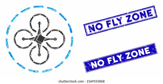 Mosaic drone flight icon and rectangle seals. Flat vector drone flight mosaic icon of randomized rotated rectangle items. Blue caption rubber seals with grunge surface.