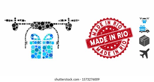 Mosaic drone gift delivery icon and rubber stamp watermark with Made in Rio text. Mosaic vector is designed from drone gift delivery icon and with scattered round items.