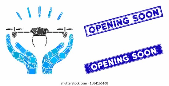 Mosaic drone launch hands icon and rectangular Opening Soon stamps. Flat vector drone launch hands mosaic pictogram of randomized rotated rectangular elements.