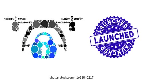 Mosaic drone loading icon and grunge stamp watermark with Launched text. Mosaic vector is created from drone loading icon and with scattered circle spots. Launched stamp seal uses blue color,