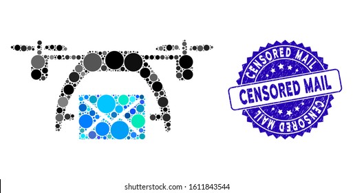 Mosaic drone mail icon and rubber stamp watermark with Censored Mail phrase. Mosaic vector is composed from drone mail icon and with randomized circle items. Censored Mail stamp seal uses blue color,