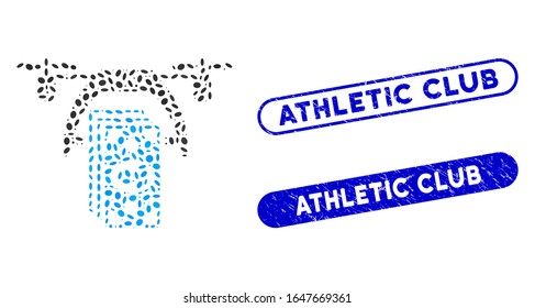 Mosaic drone payment and corroded stamp seals with Athletic Club phrase. Mosaic vector drone payment is composed with random elliptic elements. Athletic Club stamp seals use blue color,