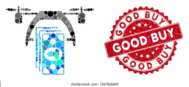 Mosaic drone payment and distressed stamp seal with Good Buy caption. Mosaic vector is composed with drone payment icon and with random round items. Good Buy stamp seal uses red color,