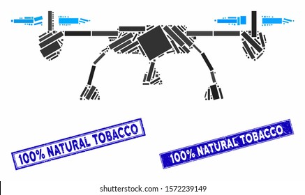Mosaic drone pictogram and rectangular 100% Natural Tobacco stamps. Flat vector drone mosaic pictogram of random rotated rectangular items.
