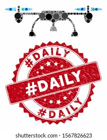 Mosaic drone and rubber stamp seal with #Daily caption. Mosaic vector is designed with drone icon and with random circle elements. #Daily stamp seal uses red color, and dirty texture.
