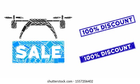 Mosaic drone sale banner icon and rectangle seals. Flat vector drone sale banner mosaic icon of random rotated rectangle elements. Blue caption seal stamps with rubber textures.