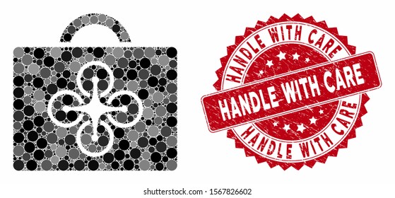 Mosaic drone toolcase and rubber stamp seal with Handle with Care text. Mosaic vector is formed with drone toolcase icon and with random round spots. Handle with Care stamp seal uses red color,