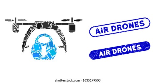 Mosaic drone unloading and corroded stamp watermarks with Air Drones text. Mosaic vector drone unloading is designed with scattered rectangle items. Air Drones stamp seals use blue color,