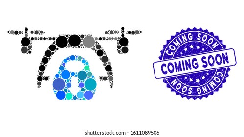 Mosaic drone unloading icon and rubber stamp seal with Coming Soon phrase. Mosaic vector is created with drone unloading icon and with randomized spheric spots. Coming Soon stamp uses blue color,