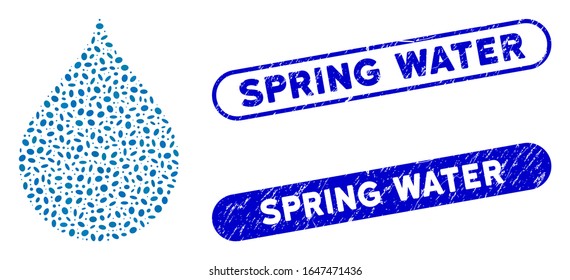 Mosaic drop and corroded stamp seals with Spring Water text. Mosaic vector drop is designed with randomized oval pieces. Spring Water seals use blue color, and have round rectangle shape.