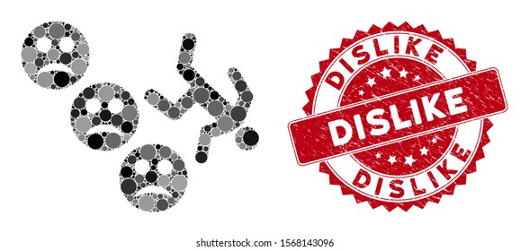 Mosaic drop down sad user and corroded stamp seal with Dislike caption. Mosaic vector is composed with drop down sad user icon and with random round spots. Dislike stamp seal uses red color,