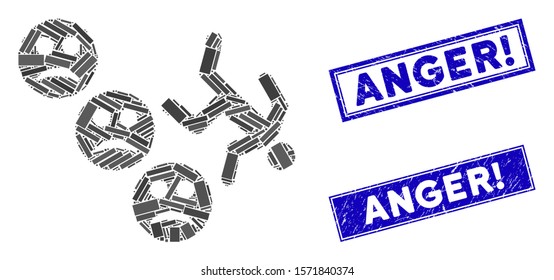 Mosaic drop down sad user pictogram and rectangular Anger! stamps. Flat vector drop down sad user mosaic pictogram of randomized rotated rectangular items. Blue Anger! rubber seals with dirty surface.