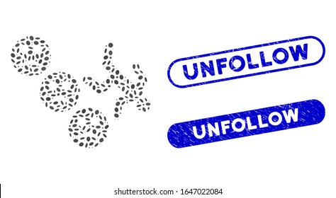 Mosaic drop down sad user and distressed stamp watermarks with Unfollow phrase. Mosaic vector drop down sad user is formed with randomized ellipse elements. Unfollow stamp seals use blue color,