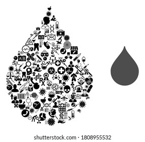 Mosaic drop of medicine icons and basic icon. Mosaic vector drop is created of medicine icons. Flat design elements for hospital advertisement. Illustration is based on drop pictogram.