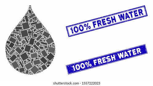 Mosaic drop pictogram and rectangle seal stamps. Flat vector drop mosaic pictogram of random rotated rectangular elements. Blue caption seal stamps with distress texture.