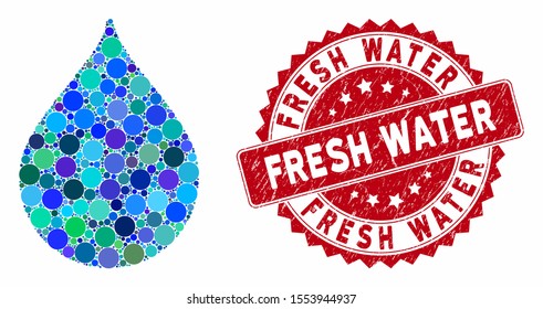 Mosaic drop and rubber stamp seal with Fresh Water text. Mosaic vector is created with drop icon and with randomized round elements. Fresh Water stamp uses red color, and rubber surface.