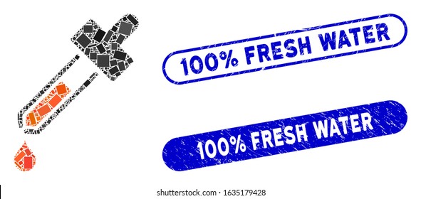 Mosaic dropper and grunge stamp seals with 100% Fresh Water caption. Mosaic vector dropper is composed with random rectangle items. 100% Fresh Water stamp seals use blue color,