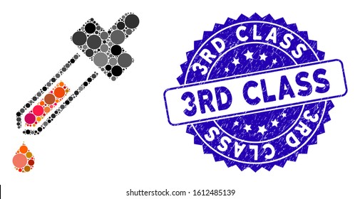 Mosaic dropper icon and rubber stamp watermark with 3Rd Class caption. Mosaic vector is created with dropper icon and with scattered round elements. 3Rd Class stamp uses blue color, and rubber design.