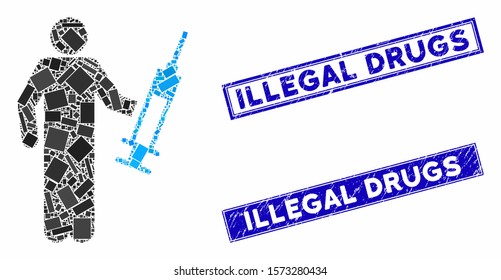 Mosaic drug dealer icon and rectangle Illegal Drugs rubber prints. Flat vector drug dealer mosaic icon of scattered rotated rectangular elements. Blue Illegal Drugs rubber stamps with grunge surface.