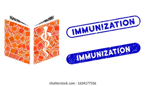 Mosaic drug handbook and distressed stamp seals with Immunization caption. Mosaic vector drug handbook is designed with randomized rectangle items. Immunization stamp seals use blue color,