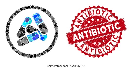 Mosaic drugs pills and corroded stamp seal with Antibiotic text. Mosaic vector is formed with drugs pills icon and with random round elements. Antibiotic stamp seal uses red color, and rubber design.