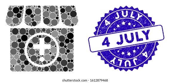 Mosaic drugstore icon and rubber stamp seal with 4 July phrase. Mosaic vector is composed with drugstore icon and with randomized round spots. 4 July stamp uses blue color, and distress surface.