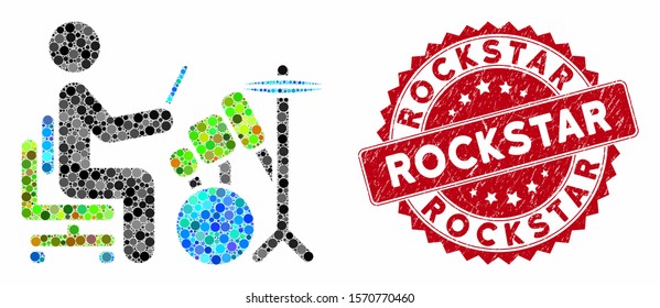 Mosaic drummer and distressed stamp seal with Rockstar text. Mosaic vector is designed from drummer icon and with scattered spheric elements. Rockstar stamp seal uses red color, and rubber texture.