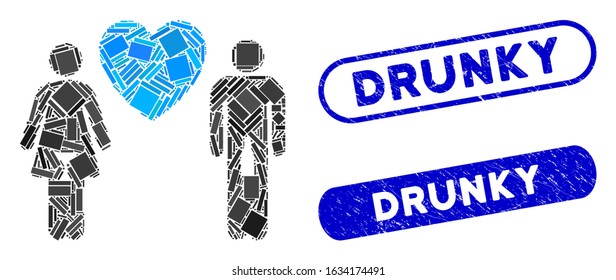 Mosaic drunky love pair and rubber stamp seals with Drunky caption. Mosaic vector drunky love pair is designed with scattered rectangle items. Drunky stamp seals use blue color,